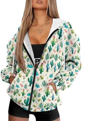 Biyejit Sudadera con capucha y bolsillo con cremallera, chaquetas holgadas de manga larga para invierno y otoño, tallas XS-4XL, Cactus, XL