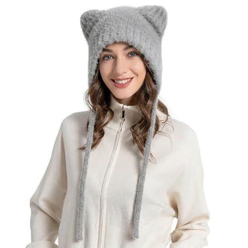 ZLYC Damen Katzenohr Slouchy Strickmütze Grunge Niedlich Wintermütze | Warm, weich und bequem,Niedlich und lustig,Ideal für Outdoor-Aktivitäten und Partys im Winter