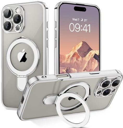 BENTOBEN Magnetic Case for iPhone 16 Pro Max [Compatible with Magsafe], Invisible Ring Stand Clear Back Soft TPU Plating Edge Military Grade Protection Shockproof Cover for iPhone 16 Pro Max, Silver