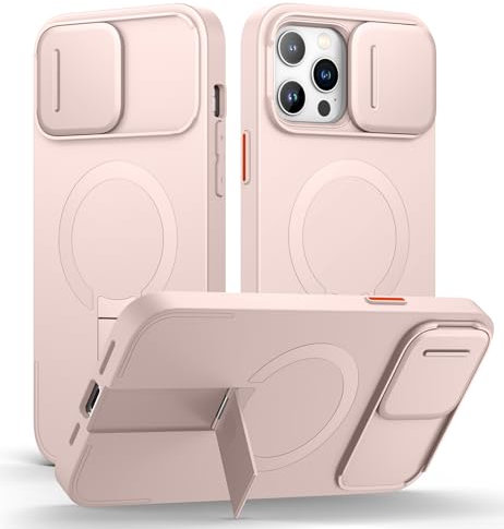 SURITCH Magnetisch hülle Kompatibel mit 12 pro max/13 pro max, Stoßfest Handyhülle mit Kameraabdeckung schieben und verstellbarem Kickstand(Rosa)