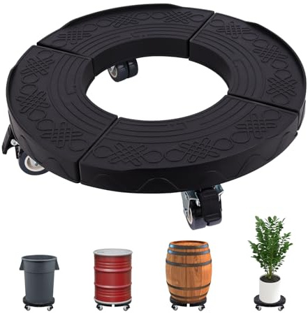 Commercial Products Trash Can Dolly with 4 Wheels - Adjustable 440lbs Load Capacity Heavy Duty Wheels for Barrel Dolly: 15-23 Inch Round - Multi Functional Plant Black