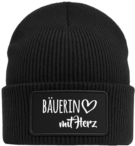 Huuraa Beanie Bäuerin mit Herz Geschenk | Black Geschenkidee Schwarze Rippstrick Wintermütze mit austauschbarem Klett Patch