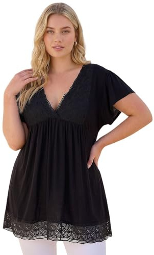 Roman Curve Lace Trim Stretch Top for Women UK - Ladies Everyday Holiday Spring Summer V-Neckline Comfy Soft Evening Vacation Work Party
