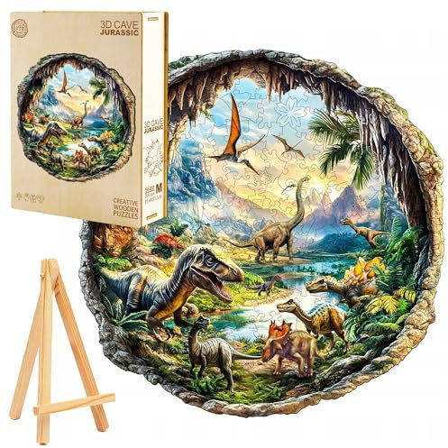 PASJO 3D Holzpuzzle 300 Teile für Erwachsene Mini-Staffelei edle Holzbox Dinosaurier Brachiosaurus Allosaurus Bastelspaß Tierförmige Puzzleteile