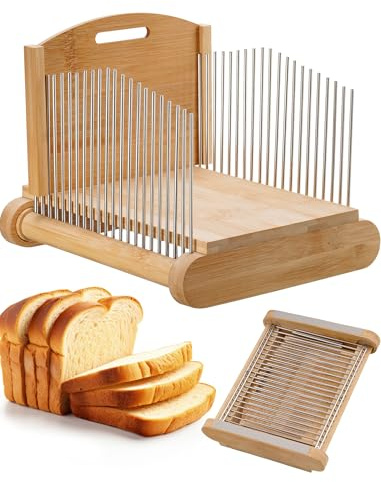 NiHome Bamboo Bread Slicer for Homemade Bread with Stainless Steel Guides, Adjustable Thickness for Toast & Sandwiches, Foldable Compact Sourdough Wood Cutting Board