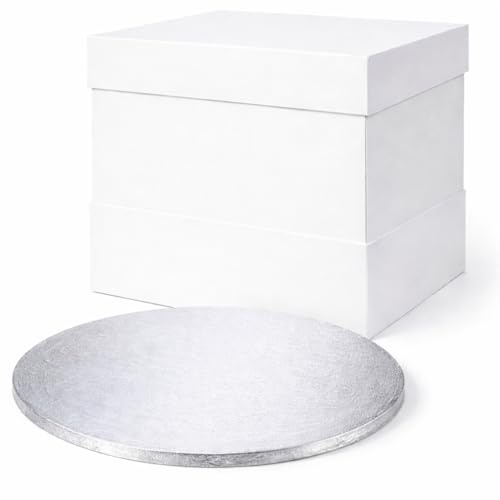 FALGUN Premium 10 White Cake Box + 16 Extra Tall Extension Card + 10 Thick Round Silver Cake-Board | Thick Cake-Board Drum & Tall 16 Cake Box Set | For Tiered or Decorated Transport - 10 Inch