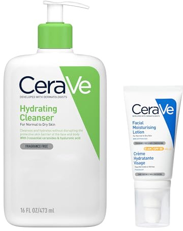 CeraVe Cleanse & Protect Face Routine for Dry Skin, Hydrating Cleanser and Facial Moisturiser with SPF50
