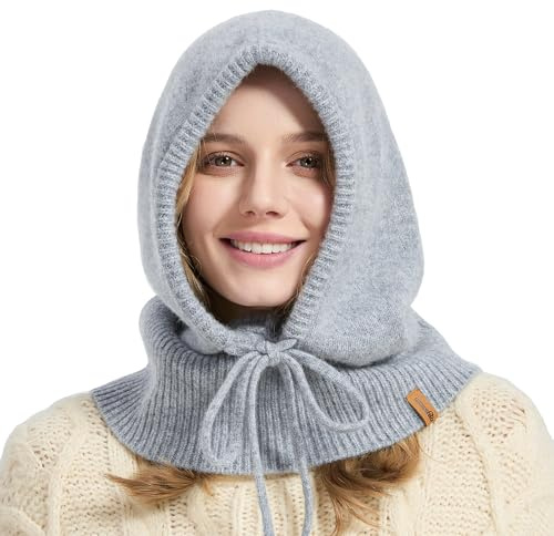 ACUSHLA Pasamontañas de lana merino 100% para mujeres y hombres, bufanda con capucha de punto cálido de invierno, conjunto de gorro y bufanda en uno, Gris claro, Talla única
