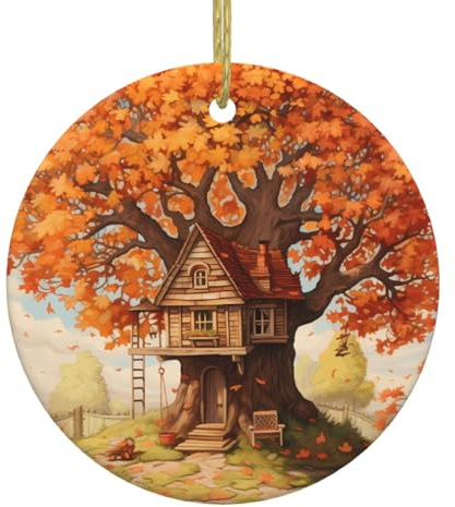 WHJSHOP A Cottage on a Maple Tree Pattern Christmas Ceramic Decoration Circular Interior Decoration Gift -2.9 in