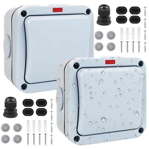 Lot de 2 interrupteurs d'extérieur résistants aux intempéries 20 A IP66 - Interrupteur universel étanche avec interrupteur indépendant et voyant lumineux - Interrupteur extérieur en saillie pour