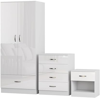 Nera Gloss White 3 Piece Bedroom Furniture Set 2 Door Wardrobe with Drawer Chest of Drawers & Bedside Table Bedroom Set