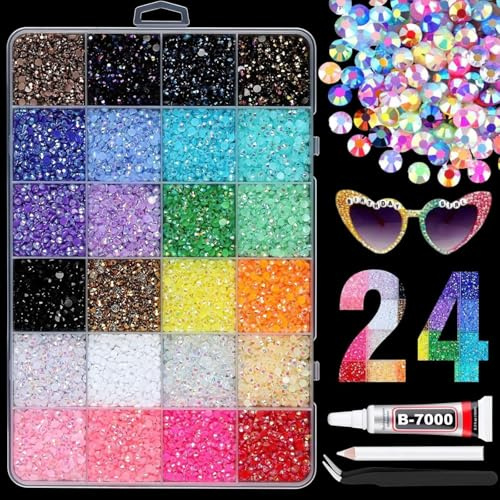 Resin Bedazzling Kit Gems for Crafting - 24 Colors Flat Back Nail Rhinestones with Tweezers, Glue and Pen - Nail Gems Rhinestone Bedazzler Kit for DIY Art Crafts Clothes Decoration