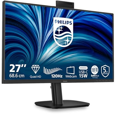 PHILIPS 27B2N3500JH 27 Zoll WQHD USB Hub Monitor, 120Hz, IPS Panel, 4ms GtG, Adaptive Sync, Webcam, Höhenverstellung,Lautsprecher,(2560x1440 HDMI 2X 2.1 TMDS DP 1x 1.2) Schwarz
