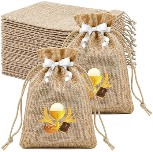 24 Bolsitas de Tela Pequeñas con Cinta, Bolsas de Yute para Comunión Bautizo Confirmación con Diseños Cáliz, Espigas, Cruz, Bolsitas Regalo para Bodas, Cumpleaños y Detalles Invitados 10x14 cm