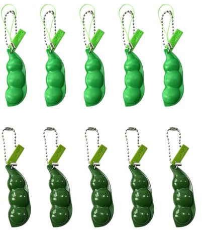 10 Stück Edamame Schlüsselanhänger Set, 5x Hellgrün & 5x Dunkelgrün Squeeze Erbsen, Lustige Anti Stress Bohnen Anhänger für Rucksack & Handy, Entspannende Fingerübung gegen Nervosität für Erwachsene