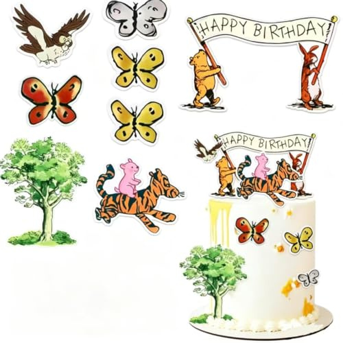 Morofme Winnie Puuh Tortendeko Set, Kuchendeko Geburtstag mit Zeichentrickfigur, Happy Birthday Cake Topper, Winnie Puuh Torten Deko für Cupcake Topper, Geburtstag, Taufe, Thema Partydeko