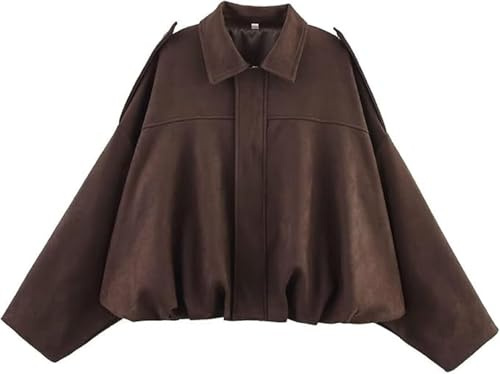 Women's Faux Suede Bomber Jacket Casual Pilot Coat Oversized Spring Fall Batwing Long Sleeve Streetwear Outwear (UK, Alpha, S, Coffee)