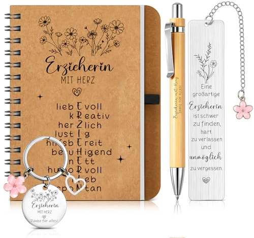 Sinmoe 1 Set Abschiedsgeschenk Lehrerin Erzieherin, Blumen | Notizbuch, Schlüsselanhänger, Lesezeichen, Holz Kugelschreiber Dankeschön Geschenk für Lehrer Frauen zum Ruhestand