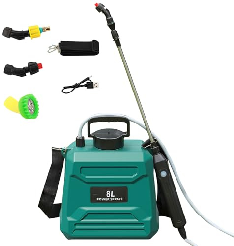 Pulverizador eléctrico de 5 l/8 l para jardín, con 3 boquillas ajustables, recargable por USB y mango telescópico, pulverizador a presión para riego deshierbe patio (8 L, verde)