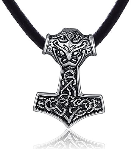 DonDon Herren Halskette Leder 50 cm und Anhänger Thor Hammer aus Edelstahl verpackt in einem schwarzen Samtbeutel