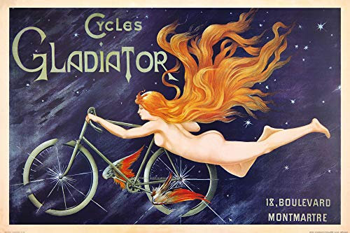 1art1 Historische Werbeplakate Poster Cycles Gladiator, Nymphe Mit Rotem Haar Und Fahrrad, 1895 Plakat | Bild 91x61 cm