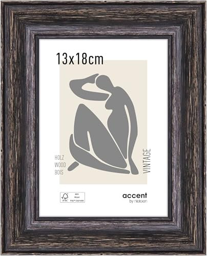 accent by nielsen Bilderrahmen, 13 x 18 cm, Holz, Schwarz, Fotorahmen zum Auftstellen und Aufhängen im Hoch- & Querformat, Echtglas, Vintage