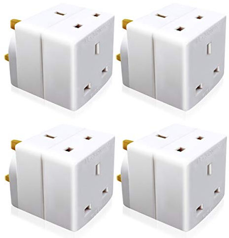 EXTRASTAR 2 Way Double Block Mains Adaptor, 3 Pins Socket Splitter Extension UK Plug, 13A Fused Wall Adaptor Power Extender for Laptop, Computer, TV, DVD and More(4 Pack)