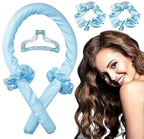 Heatless Curls Band Lockenwickler über Nacht ohne Hitze für lange Haare | Curler Haarband Weich zum Schlafen für große Locken SET inkl. 2x Haargummi + 1x Haarklammer (Blau)