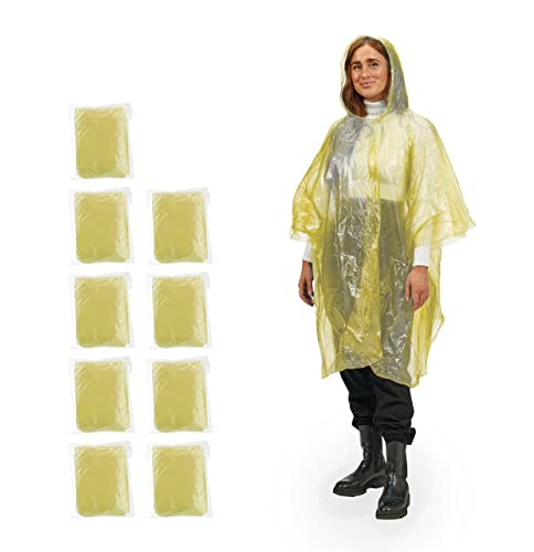 Relaxdays Poncho Antipioggia, Set da 10, Cappuccio, Mantellina Impermeabile per Adulti, Monouso, Unisex, PE, Giallo