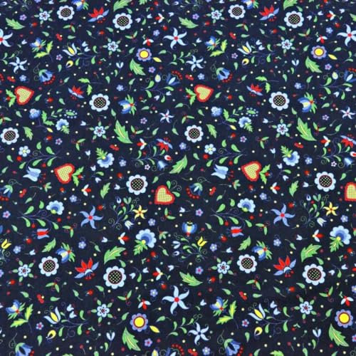 TEXTREND Meterware Jersey - Stoff zum Nähen - 100% Baumwolle - Textilien 1x1.75m - Einfarbiger Stoff - Verschiedene Farben (MINI Kaschubische Blumen mit marineblauem Hintergrund)