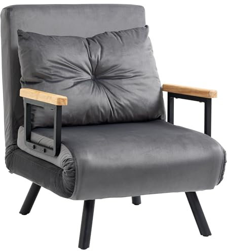 HOMCOM Schlafsofa, Klappbett mit Bettfunktion, Relaxsessel mit Rückenkissen, Polstersofa mit Verstellbarer Rückenlehne, Samtoptik, 63 x 73 x 81 cm, Dunkelgrau