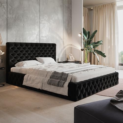 MOTIVENA Dalia Chesterfield Polsterbett 140x200 Mit Bettkasten und Stauraum, Kopfteil Samt, Ohne Matratze, Schwarz