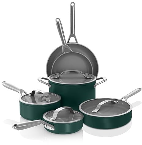 Ninja Ceramic Pro 10-Piece Cookware Set, Non-Stick Pots & Pans Set with Glass Lids, PTFE Free, Ceramic Coated, Oven Safe, All Stovetops & Induction Compatible, British Racing Green, CW39010GN