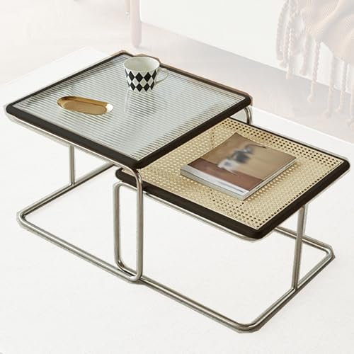 SCBTGKLN Satztisch-Couchtisch, 2er-Set, Moderne Rustikale Wohnzimmertisch, Quadratischer Stapelbarer Beistelltisch, Beistelltische mit Metallrahmen, Rattangeflecht und Glastischplatte(Black)