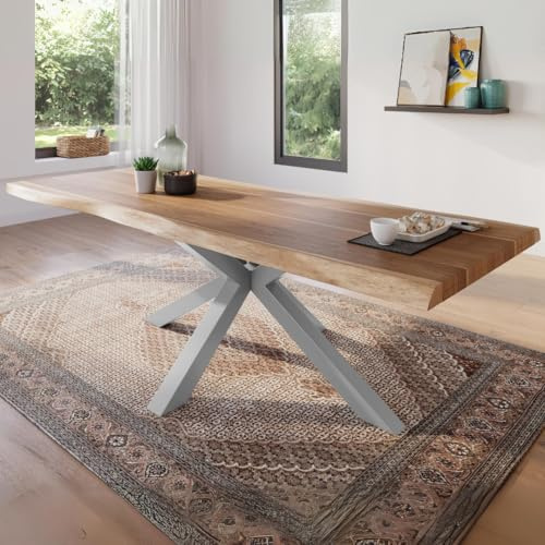 trelevo Esszimmertisch 280x100 cm naturfarben Spider-Gestell Baumkante | Akazienholz massiv, Tischplatte, Silber, Baumkantentisch