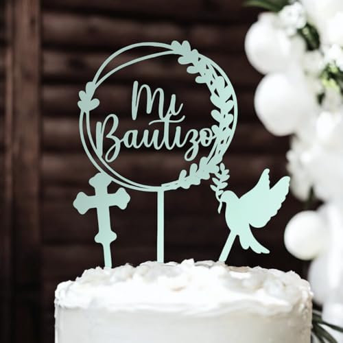 Tres Aristas | Pack 3 Toppers Personalizados para Tarta de Bautizo | Mi Bautizo, Paloma y Cruz | Decoración de Bautizo | Cake Topper con Colores a Elección, Reutilizable y Seguro (Mint)