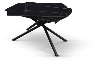 PAZZO DESIGN Table extensible rotative Brando, plateau en céramique noir Sahara, pieds en métal noirs, table de cuisine, table ovale, 120 x 88 x h76 cm - id_2207