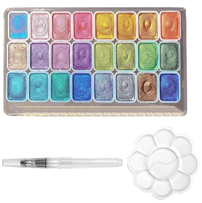 24 Farben Metallic Aquarellfarben Set, Wasserfarben Hohe Farbwiedergabe | Aquarellfarben Set Leicht zu Waschen für Kartenherstellung Art Notizbuchdekoration Illustrationsdesign