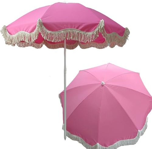 QSPNVFB Rosa Sonnenschirm Mit Fransenv Boho Strandschirm Kippbarer Quasten Gartenschirm Mit Volant, Groß Terrassenschirm Für Balkon Camping Markt Pool(140cm)
