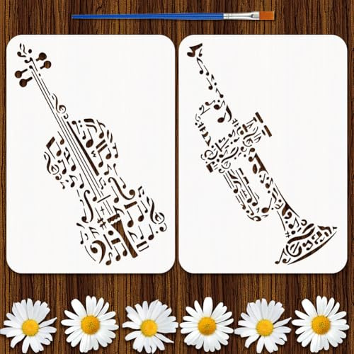 FINGERINSPIRE 2 Stück Malschablone Für Musikinstrumente Mit Kunststoffpinsel 21x29.7cm Wiederverwendbare Zeichenschablone Für Musiknoten Violine Trompete Schablone Zum Selbermachen Musikthema Vorlage