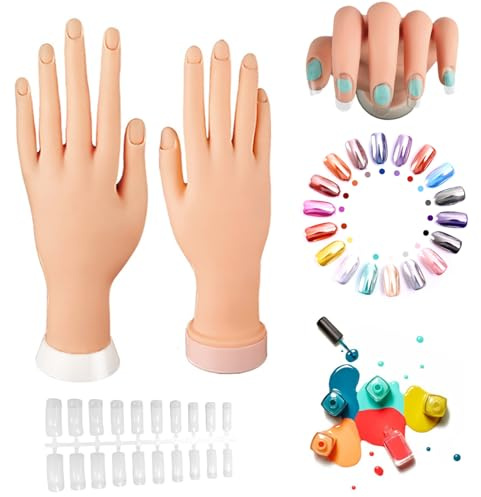 1 Pair Nail Practice Hand with 200Pcs Nail Sticker, Silicone Mannequin Hand, Flexible Bendable Practice for Acrylic Nails Manicure Hands Art Training, Decor