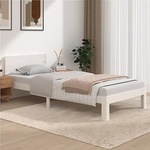 Mandloder Massivholzbett Weiß Kiefer 90x200 cm, Einzelbett Jugendbett mit Kopfteil, Robustes Bettgestell aus Naturholz, modernes Design für Schlafzimmer, 205,5x93,5x69,5 cm
