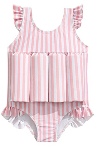 IDOPIP Toddler Girls Striped Floatation Swimsuit Baby Float Suit Swim Vest with Built-in Buoyancy Floaties One Piece Bathing Suit for Kids Floating Swimwear Ruffle Beachwear Pink Striped 6 Years