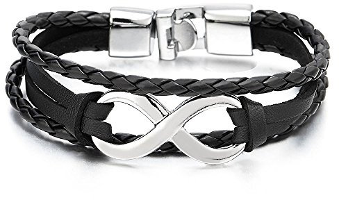 COOLSTEELANDBEYOND DREI Reihen Unendlich Liebe Number 8 Freundschaftsbänder Schwarz Lederarmband für Damen Herren