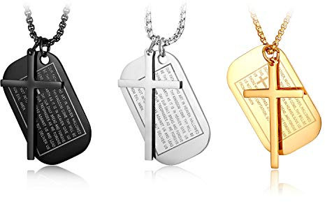 JewelryWe Schmuck 3pcs Herren Kreuz Halskette, Retro Kruzifix Englisch Bibel Herr Gebet Erkennungsmarken Dog Tag Anhänger mit 24 Zoll Kette, Edelstahl, Schwarz Gold Silber, kostenlos Gravur