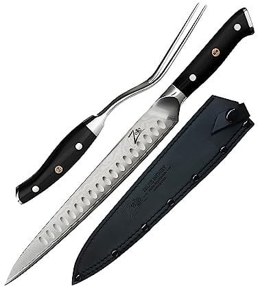 Zelite Tranchiermesser und Gabel Set, Kochmesser Profi Messer und Fleischgabel, Japanisches Messer aus Damaststahl, Scharfes Messer für die Küche, 25,4cm Profi Fleischmesser, Damaszener Messer Scharf