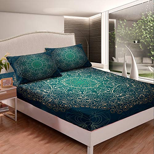 Loussiesd Boho Mandala Spannbetttuch 140x200cm Bettlaken Set im böhmischen Stil Dekorative exotische Blumen Spannbettlaken für Mädchen Kinder Frauen Chic Golden Green Bettdecke mit 2 Kissenbezug