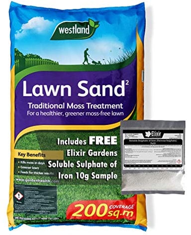Elixir Gardens Lawn Sand | Moss Killer | Lawn Grass Treatment/Tonic Fertiliser | Including FREE Elixir Gardens Suplhate of Iron 10g Pouch | Covers 200m² | 16 kg Bag x 1
