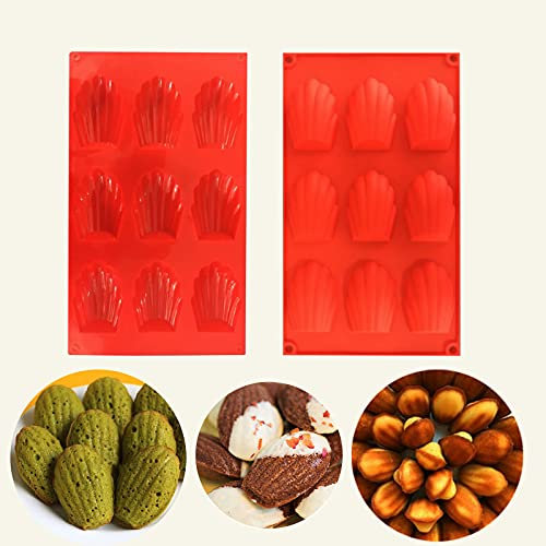 HYCSC 9 Cavity Madeleine Pan, 2Pcs Nonstick Silicone Madeleine Molds, Shell Shape Baking Cake Mold Pan(Red) (2PCSMDLHS)
