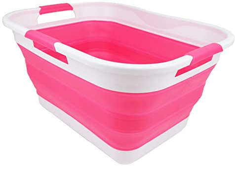 SAMMART Faltbarer Kunststoff-Wäschekorb, 30 l, faltbar, Pop-Up-Aufbewahrungsbehälter/Organizer, platzsparender Wäschekorb, Wasserkapazität 24 l (Weiß/Rosa)